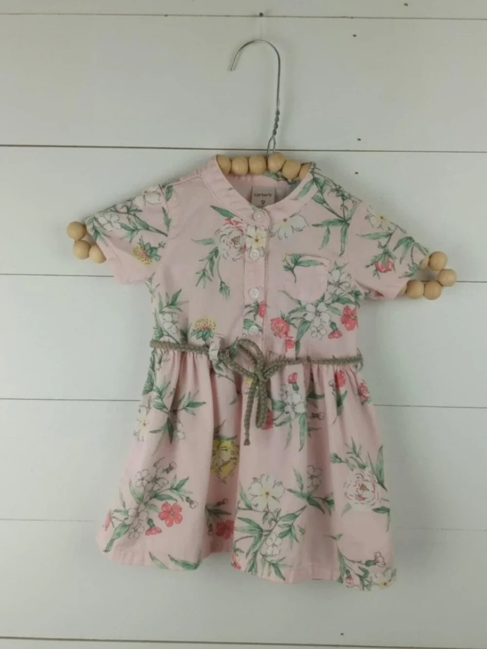 Carter’s girls size 9 mos light pink floral shirt dress with rope tie